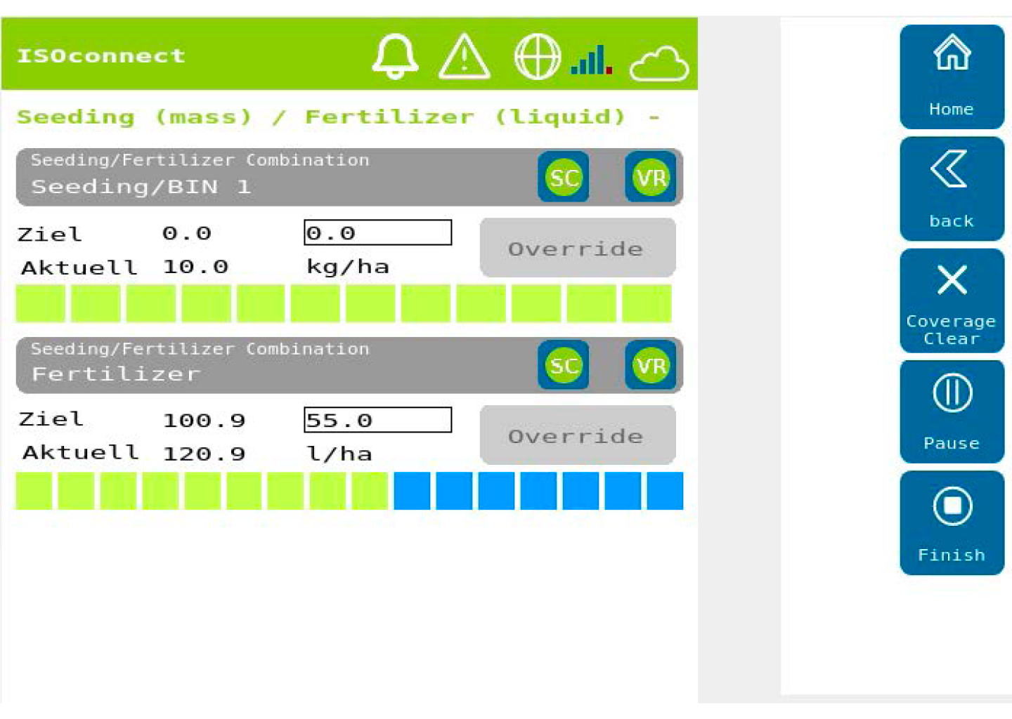 Screenshot of ISOconnect interface showing Universal Terminal client customization for displaying implement UIs on third-party terminals with Section Control and Variable Rate support.