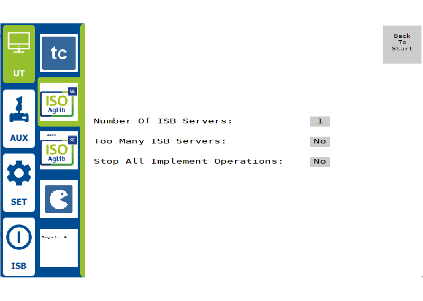 Screenshot of ISOBUS Shortcut Button (ISB) interface in ISOapp:ut+, showing safety controls for stopping implement operations immediately to meet ISOBUS safety standards and increase operator confidence.
