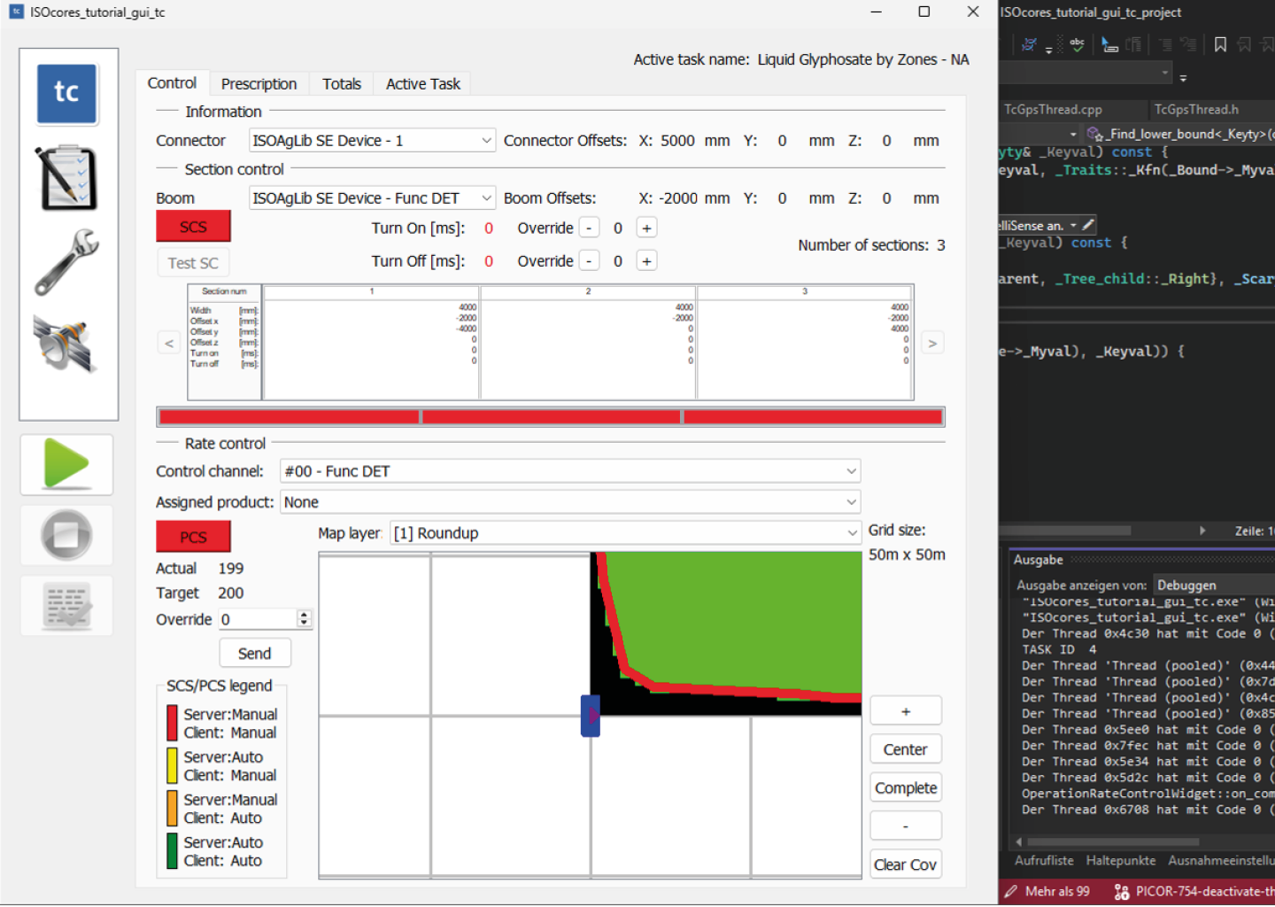 Screenshot of ISOcores Task Controller simulation running on Windows, showing section and rate control with map-based interface. Demonstrates cross-platform support for Linux, Android, and Windows without vendor lock-in.