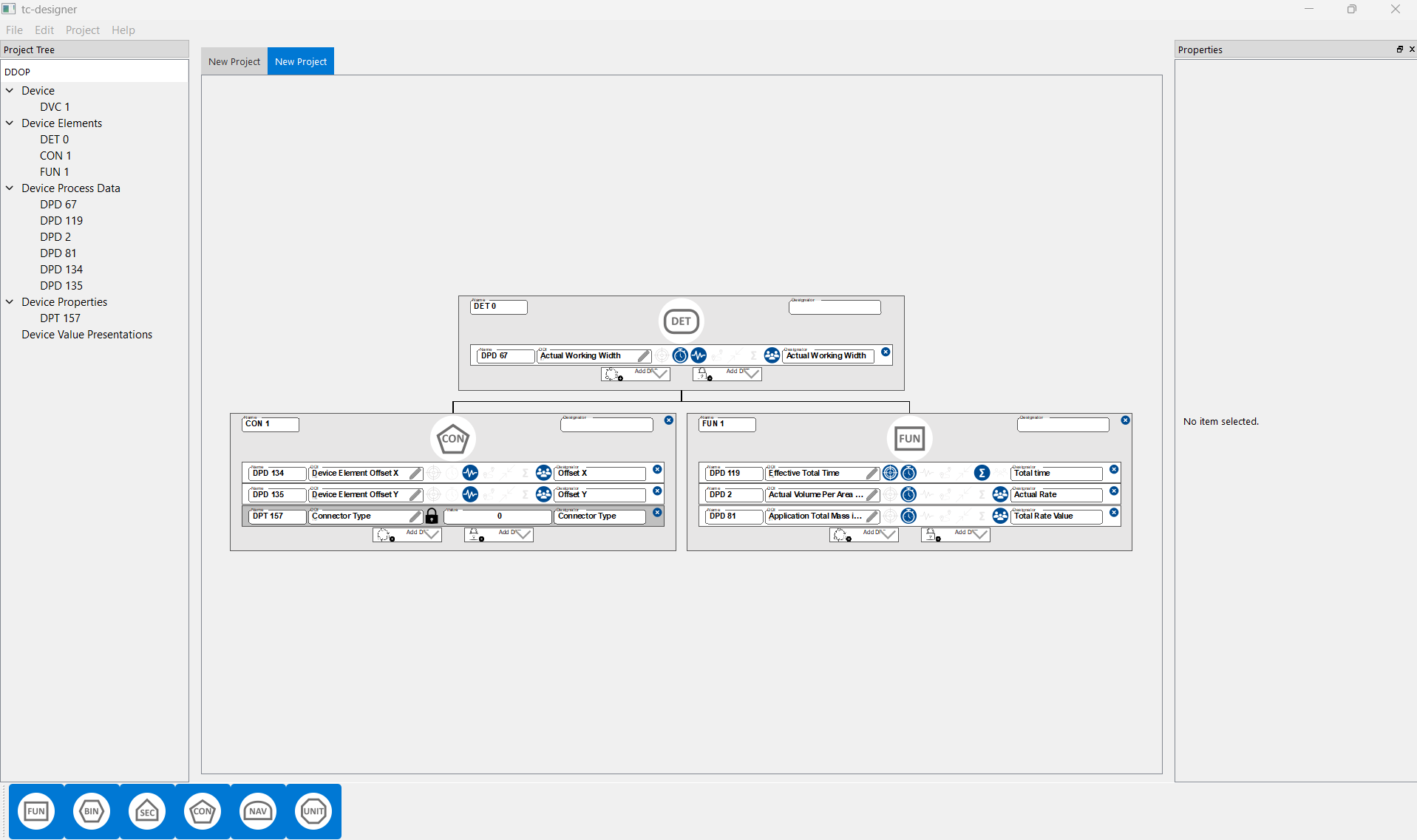 Screenshot of TCdesigner interface showing graphical layout with drag-and-drop elements, predefined objects, and tree view for efficient DDOP creation and editing.