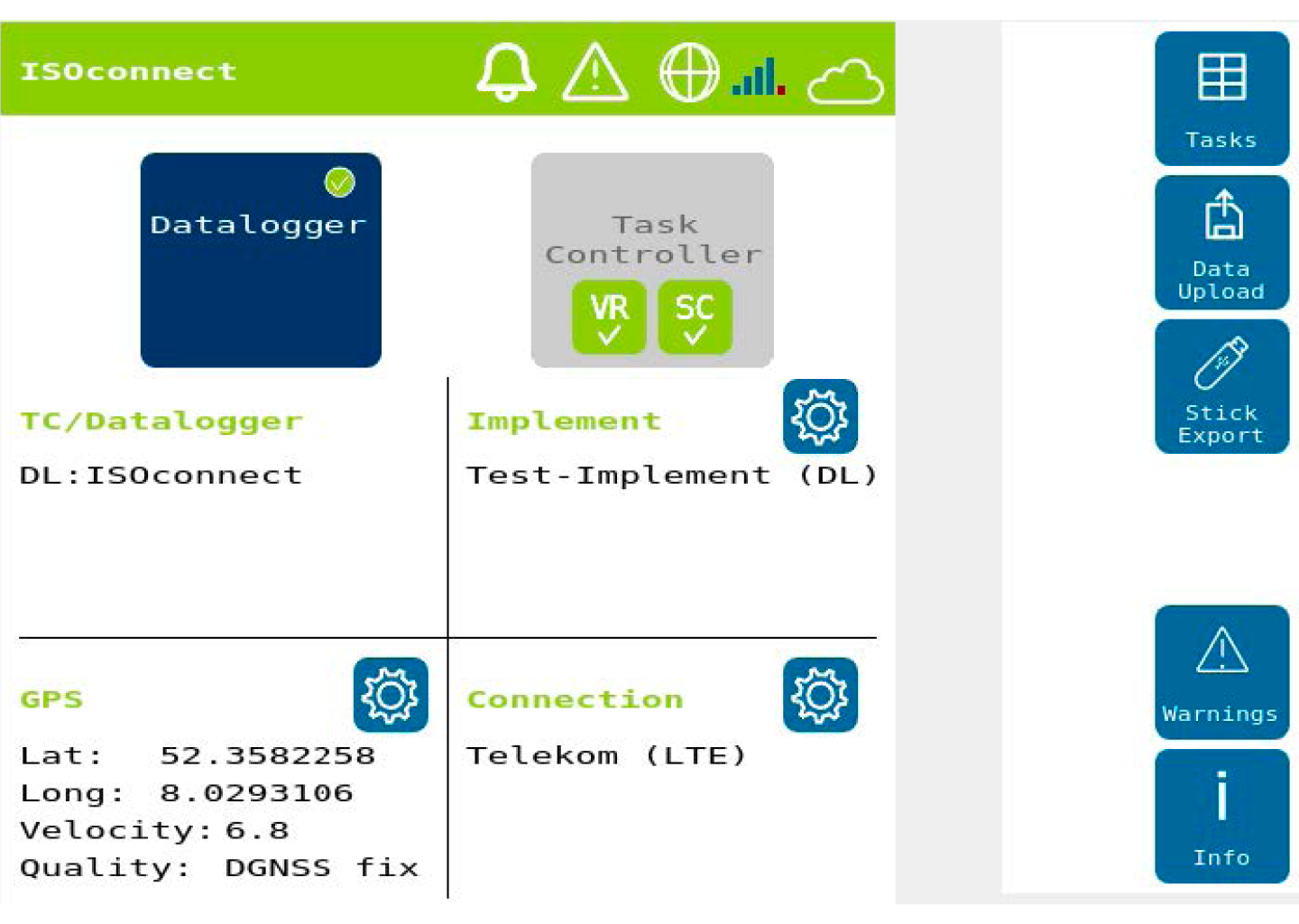 Screenshot showing ISOapp:connect software with Task Controller, ISOBUS Data Logger, and Universal Terminal functions. A C++-based ISOBUS solution with Agrirouter integration for smart connectivity and compliance.
