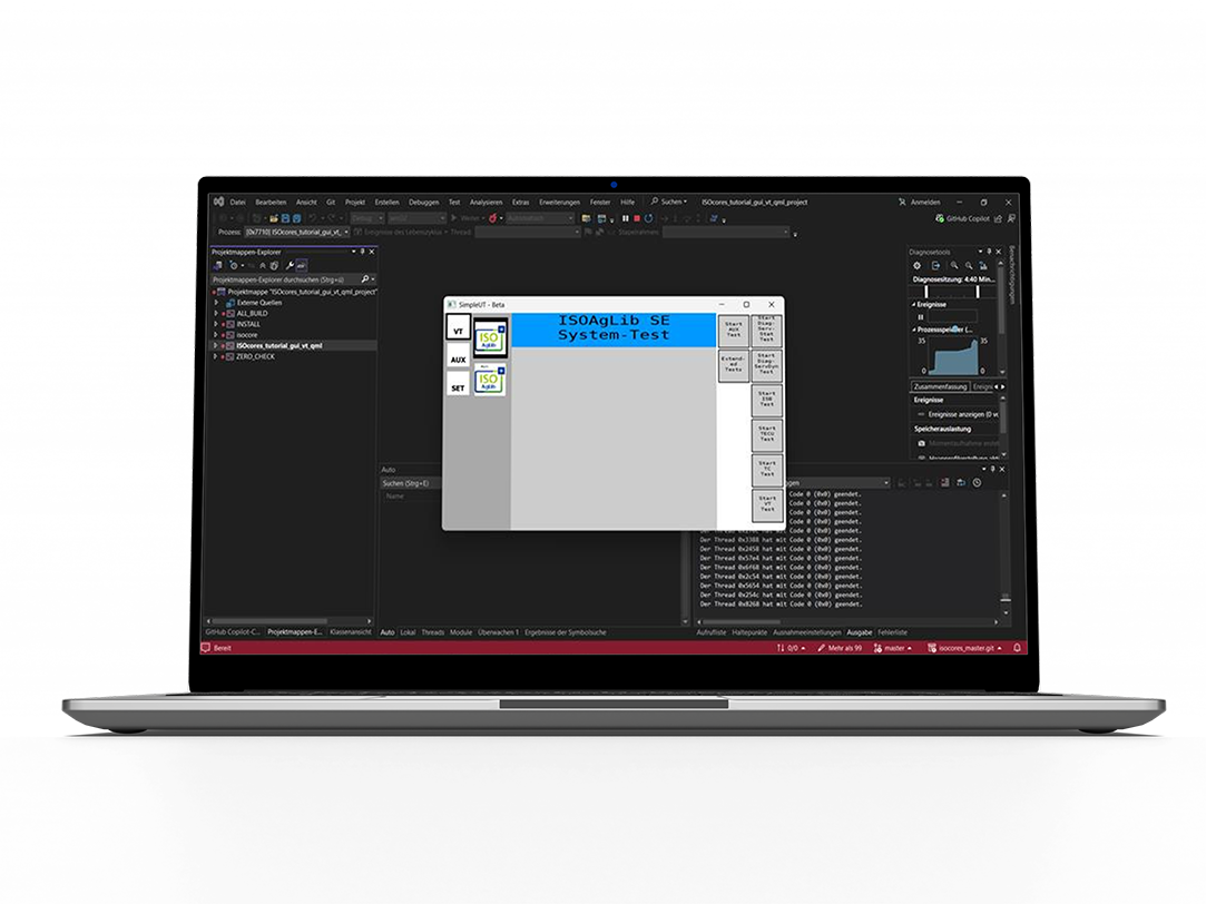Laptop screen showing ISOcores system test interface for ISOBUS server development. A modular software library enabling compliant, interoperable ISOBUS terminals and server applications.