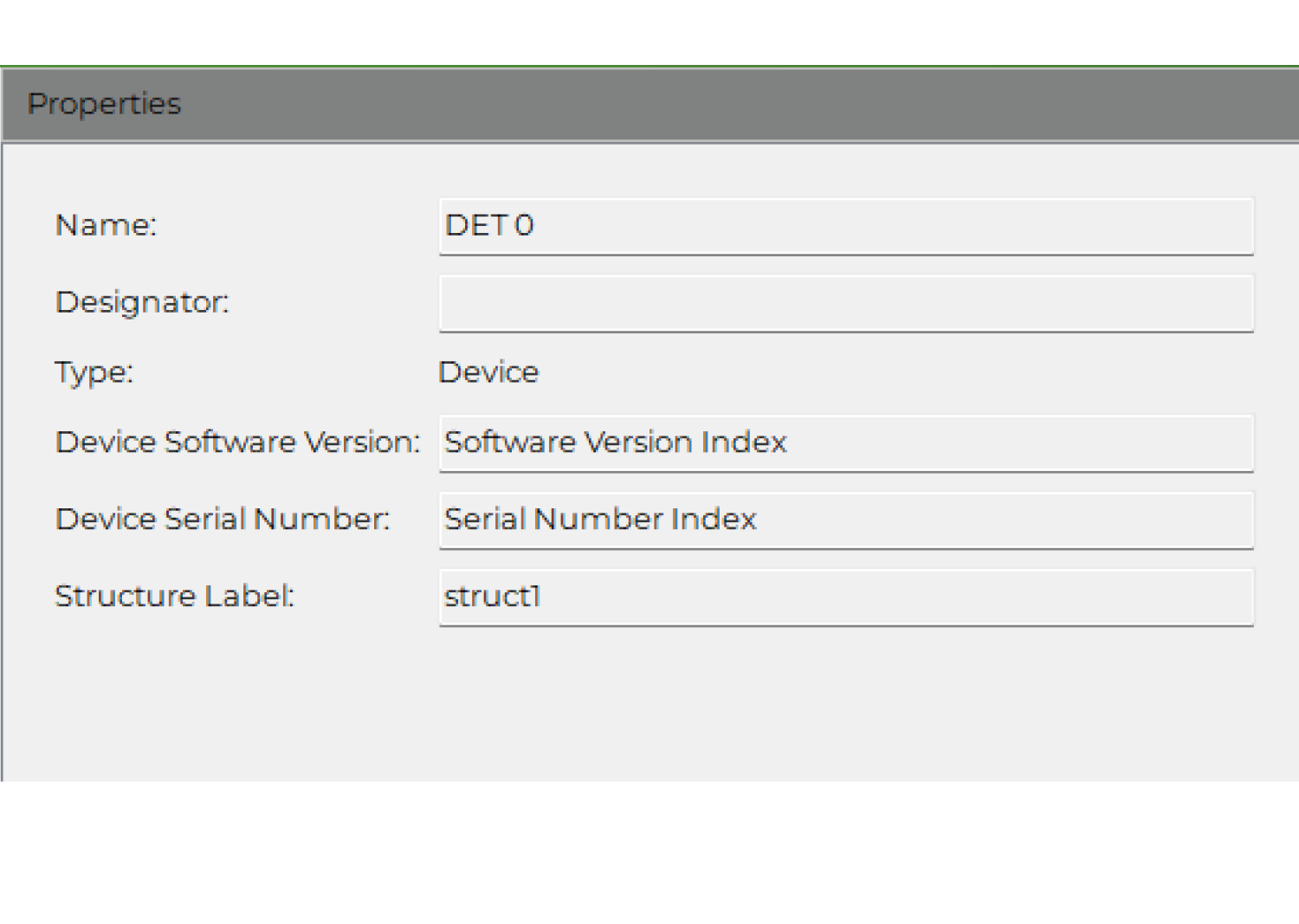 Screenshot of TC designer property editor showing detailed fields for device software version, serial number, and structure labels to manage DDOP parameters.