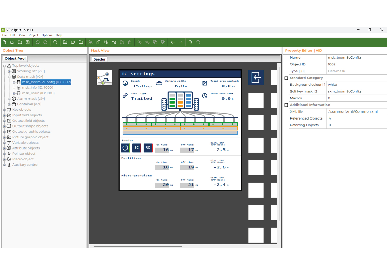 Screenshot of ISOBUS VT designer main interface showing object tree, property editor, and graphical mask view with drag-and-drop functionality for VT object types.