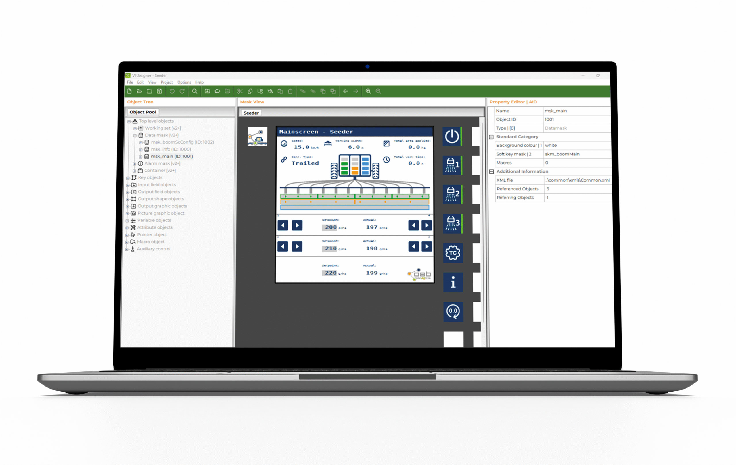 Screenshot of ISOBUS VT designer main interface showing object tree, property editor, and graphical mask view with drag-and-drop functionality for VT object types.