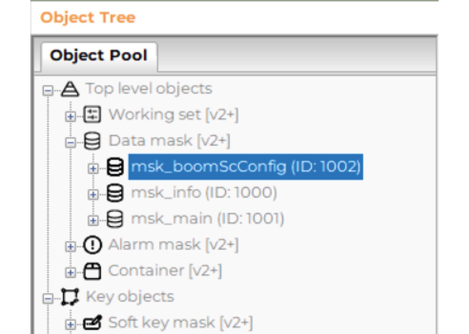 Screenshot of ISOBUS VTdesigner showing structured object tree with top-level, input, output, and graphic objects according to ISO 11783-6.