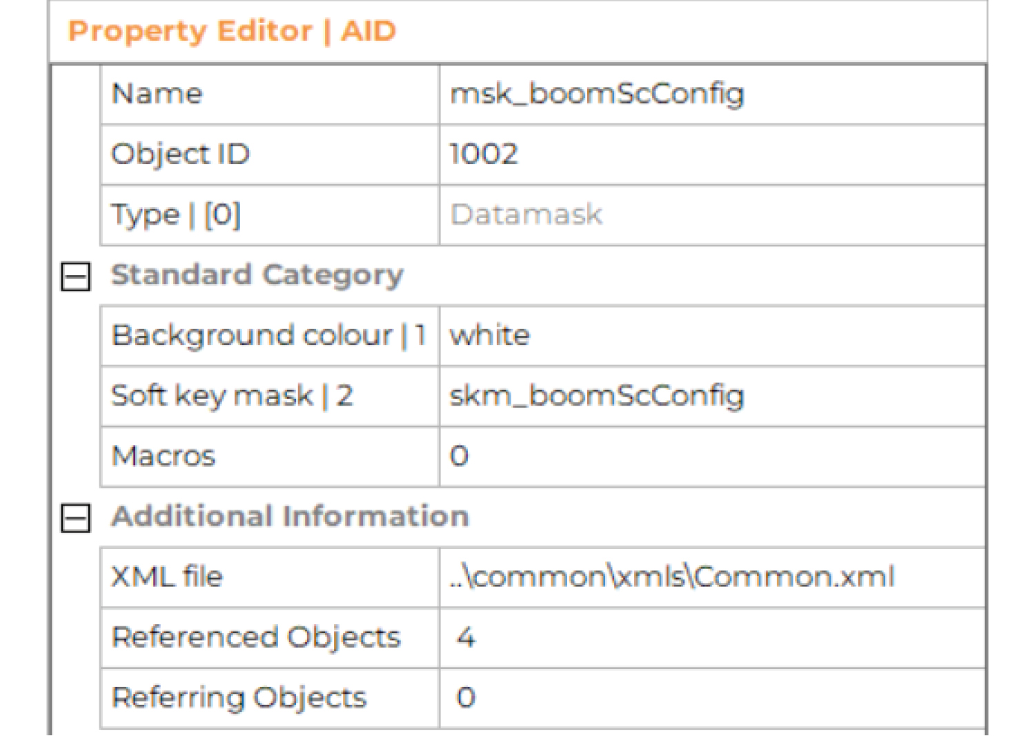 Screenshot of ISOBUS VTdesigner property editor showing structured table with editable parameters for object configuration and DDOP management.