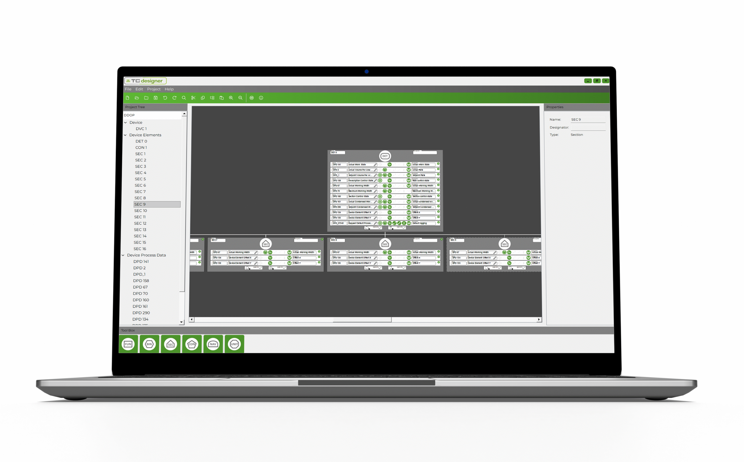 Laptop screenshot of TCdesigner interface showing structured workflow for ISOBUS Task Controller device descriptions (DDOPs) with project-based editing and ISO 11783 compliance.